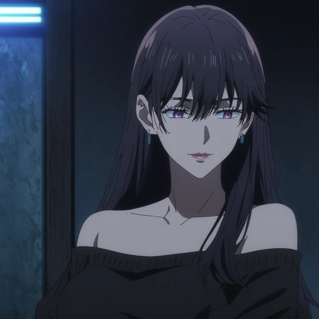 1girl, female gojo satoru, anime screencap from jujutsu kaisen, gojo satoru female version, solo, long_hair, purple eyes (black_hair)), night view, (hanging breasts) upper_body, smile, indoors, book, purple_eyes, lips, ((wearing black colour sweater, bare shoulder)) breast, "very detailed and high resolution" (purple eyes) (cross arms) ((long hair, hair between eyes)) ((solo)) (front view) (earings) ((high resolution)) ((good quality)) ((side bangs))