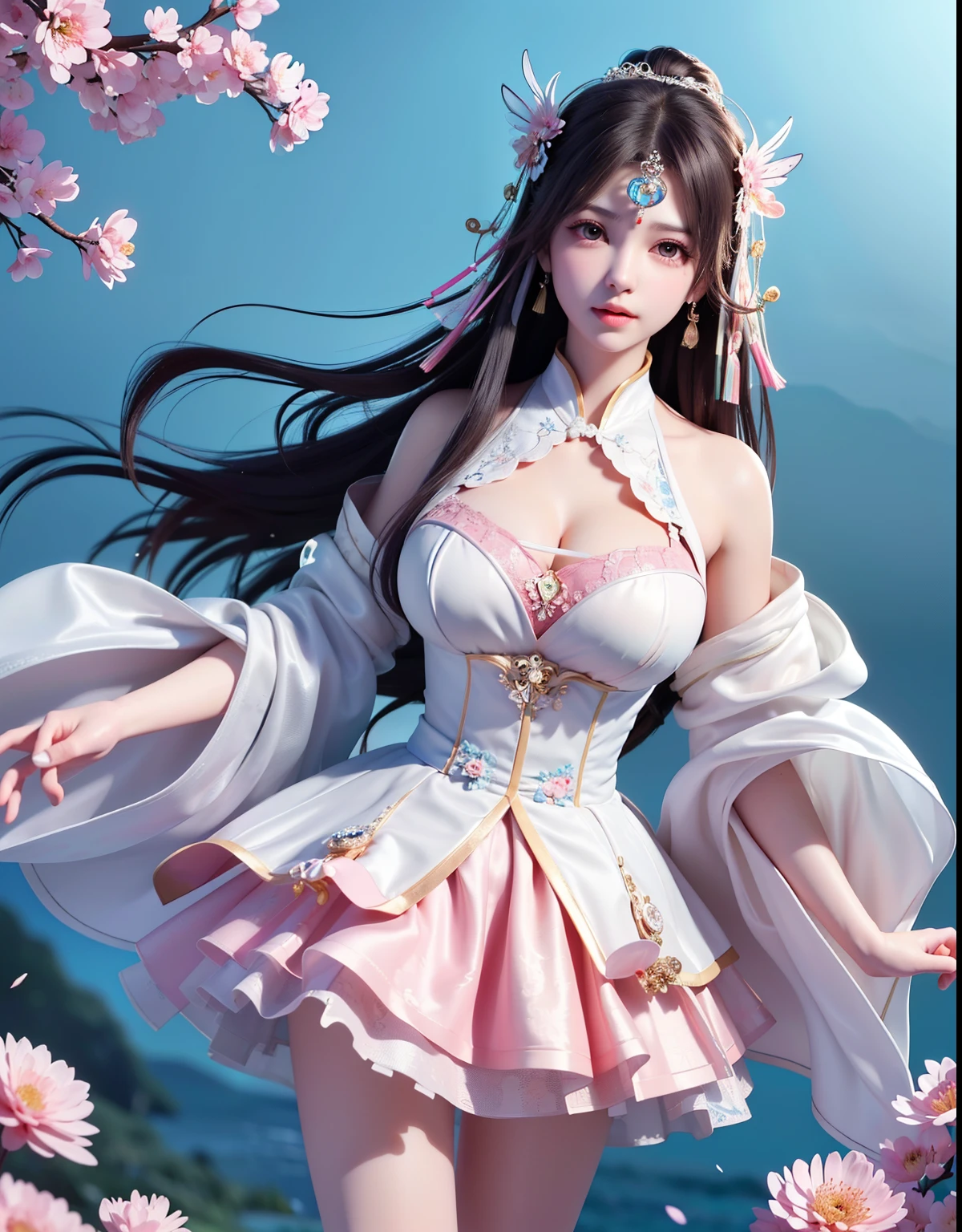 (8k, RAW photo:1.2), best quality, ultra high res,dramatic angle,(fluttered detailed color splashs), (illustration),(((1 girl))),(long hair),(rain:0.9), (Headdress:1.4),There is an ancient palace beside the girl,Hanfu,(Key Points),Color ink painting,(Splash of Color),Splash of Color,(((colorful))),(sketch:0.8) , Masterpiece, best quality, beautiful painted, highly detailed,(denoising:0.6),[splash ink],((ink refraction)), (beautiful detailed sky),moon,highly,detaild,(masterpiece, best quality, extremely detailed） CG Unity 8k Wallpaper，masterpiece，best quality，Ultra Detailed），（Lycoris）.shoulder ballet dress open V-chested clothes Thin silk lace dress short skirt , (huge ，cleavage),, white pink, blue ，best qualtiy，tmasterpiece，Ultra-high resolution，（Reality：1.4），RAW photogr，（True skin texture：1.3），（filmgrain：1.3），（Selfie angle），1个Giant Breast Girl，Beautiful eye and face details，tmasterpiece，Best quality at best，，The chest more exposed， detailed hair, bra pink , detail 8k, full body, lace petticoat, fan handle