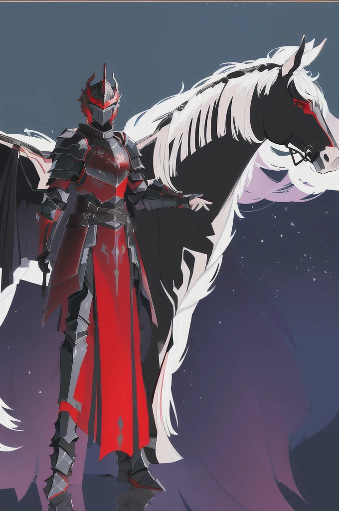 there is a drawing of a man standing next to a horse, draconic looking armor, black fire color reflected armor, black and reddish color armor, flowing robes and leather armor, silver armor and red clothing, face hidden by helmet armor, big boob