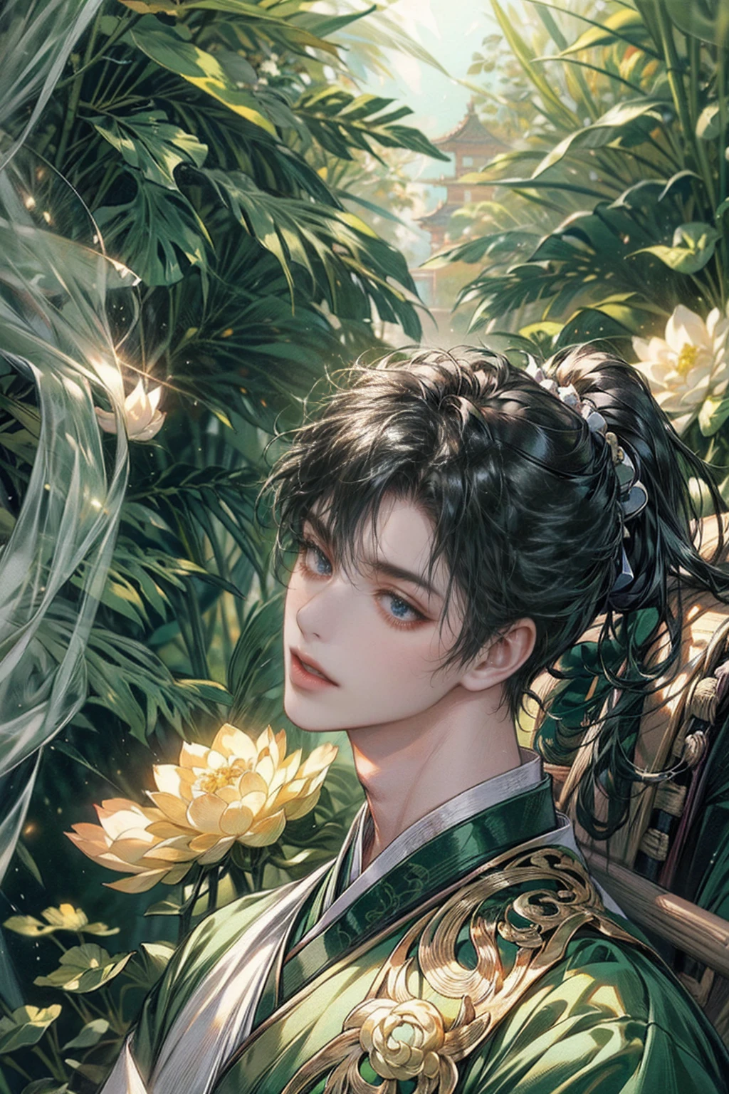 xianxia, (((best quality))),masterpiece,ultra high resolution,extraordinarily beautiful youth, a bright, villains smile,All green clothing,((boy 24 year old, green hanfu,green clothing, Chinese shirt style)) ,boy character ,((Thick black long hair)),beautiful face,detailed interior, detailed boy,((man)),(in bamboo forest), house China style, pure white lotus,beautiful and cute boy ,black eyes,((solo man)),(he has a Big eyes, charming lips, slim nose and small face),(slim figures ),ponytail and 冠, Hiogi fan,Japanese fan ,very long hair, thick hair, black hair ,eyes detailed,pony tails,