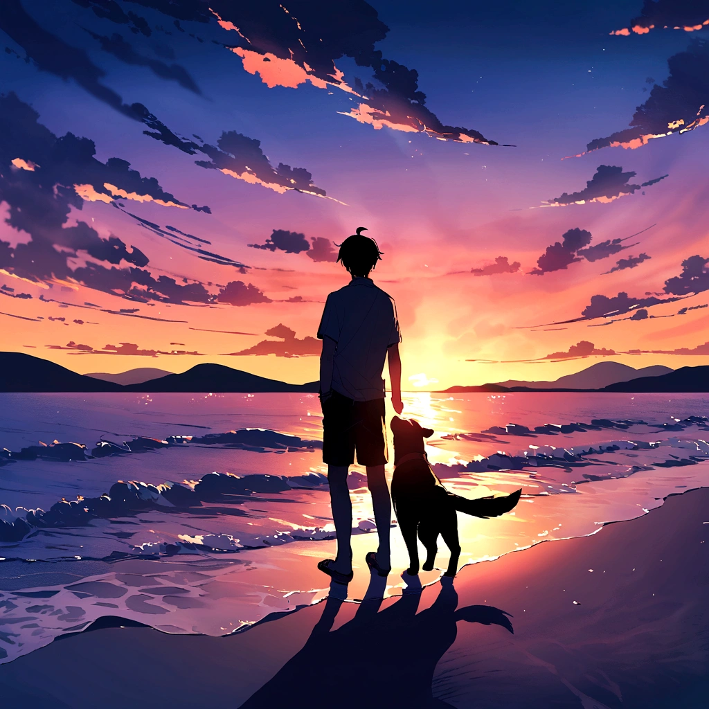 by the sea,Sea Island, boy plays with the dog。the sunset