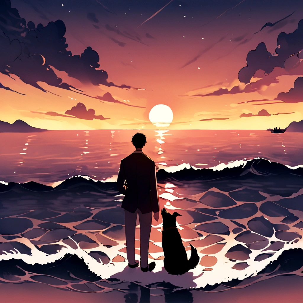 by the sea,Sea Island, boy plays with the dog。the sunset