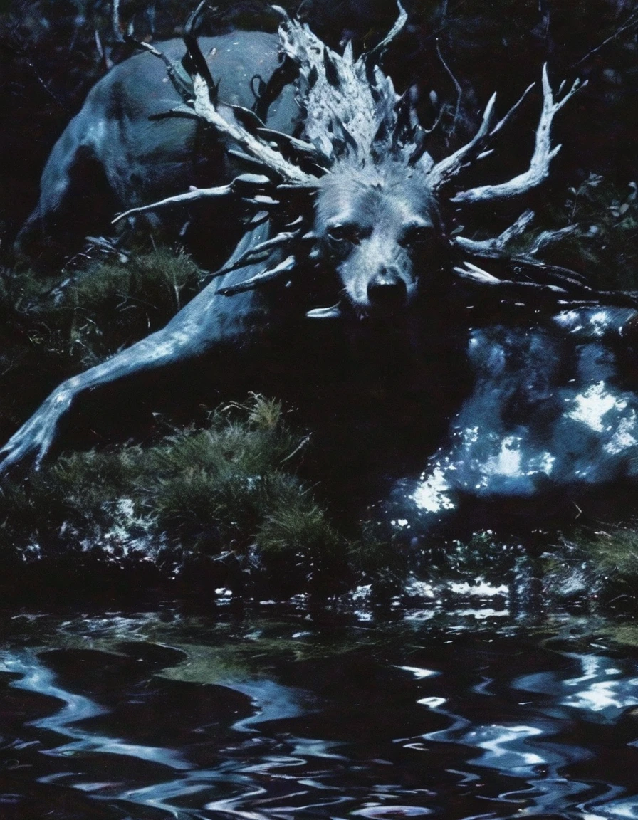 creature in water, night forest background