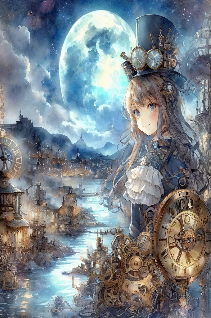 anime smiling girl with steam clock and clockwork in the sky, steampunk beautiful anime woman, high quality steampunk art, detailed steampunk illustration, steampunk fantasy style, steampunk world, in a steampunk world, dreampunk romanticism artwork, digital steampunk art, set in a steampunk world, steampunk art, anime fantasy artwork, clockwork steampunk, steampunk fantasy, steampunk illustration, beautiful fantasy anime