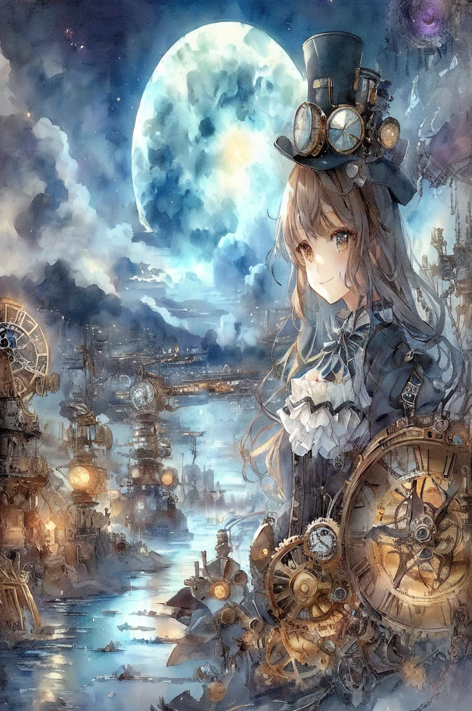 anime smiling girl with steam clock and clockwork in the sky, steampunk beautiful anime woman, high quality steampunk art, detailed steampunk illustration, steampunk fantasy style, steampunk world, in a steampunk world, dreampunk romanticism artwork, digital steampunk art, set in a steampunk world, steampunk art, anime fantasy artwork, clockwork steampunk, steampunk fantasy, steampunk illustration, beautiful fantasy anime