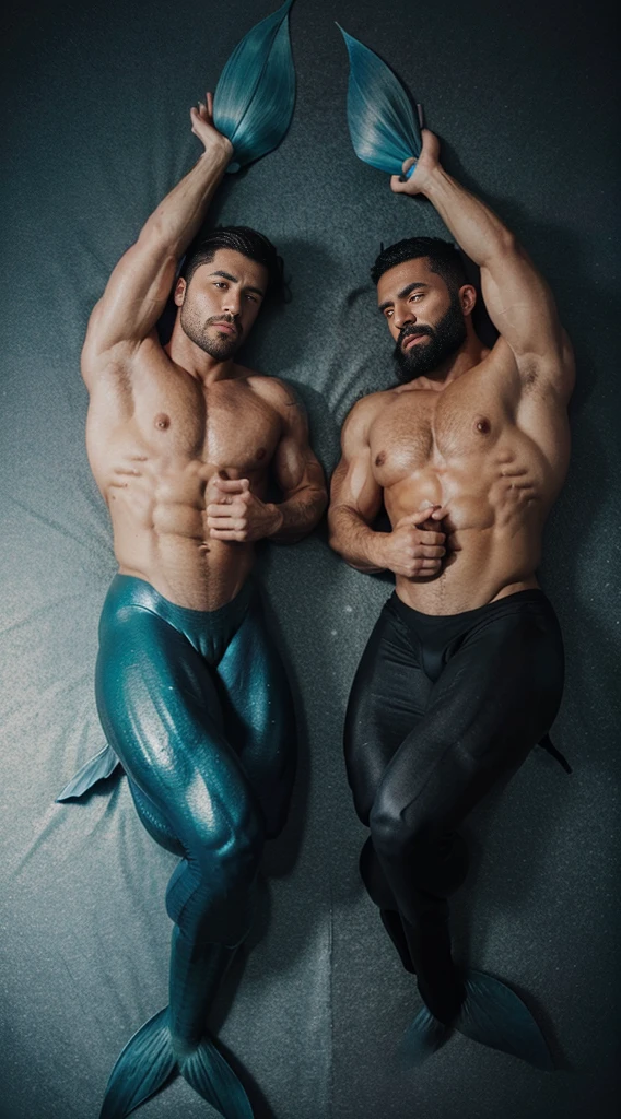 two male muscle mermaids, blue mermaid tails, muscle, black beard, black haircut, laying , visual harmony, epic wallpaper.