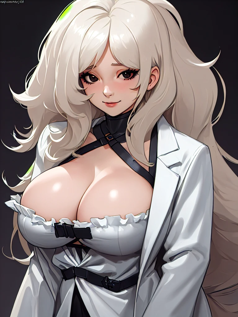 ((Portrait)), She has a Disheveled and Voluptuous Appearance, with Sensual Charm and a Slightly Chubby Build. She Expresses a Tired and Serene Look, Smiling Slightly, Giving Off an Active Attitude. She has Black Eyes, Her Hair is Long and Flowing, Platinum Blonde, Cascading Down Her Back. She Wears a Loose-fitting White Lab Coat, Accentuating Her Figure, with an Open Neckline Amply Emphasizing Her Large Breasts. ((Portrait, HDR, Dark Background))