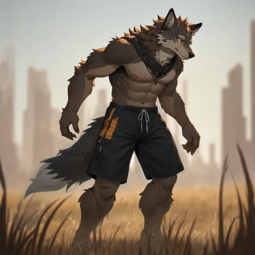 furry,male,anthropology(Prairie wolf),high quality,Correct structure,Brown fur,masterpiece,Depth of Field,black shorts,strong,Big furry tail