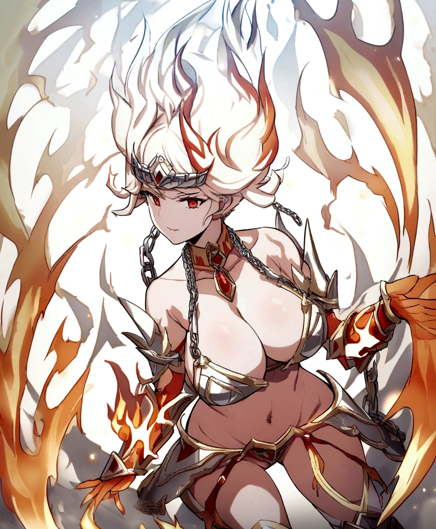 Chain bikini armor, chain crown, bare belly, big breasts, fire hair, red eyes, godness of fire, 