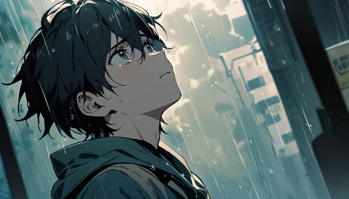 A young man looking up at the sky in the rain, black hair, sad face