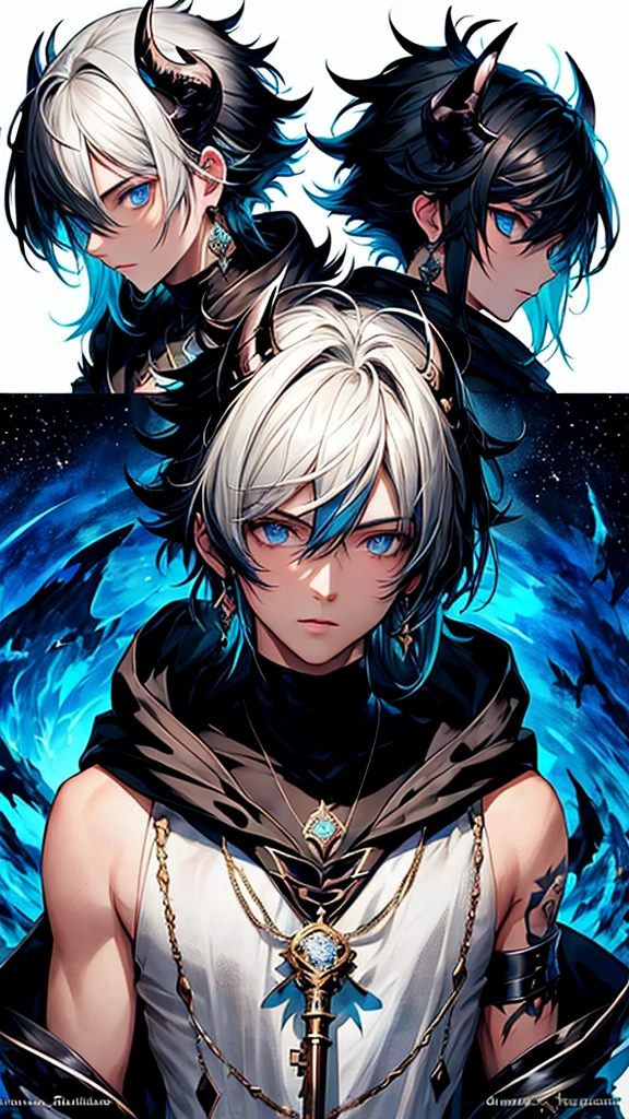 (masterpiece:1.2、highest quality), (Exquisite eyes: 1.2), (Detailed Background、Dark fantasy), (beauty detailed face), High Contrast, (Best lighting、Very delicate and beauty), ((Cinema Lighting) )), colorful, Hyper Detail, Dramatic Light, Intricate details, (1 teen boy, scruffy black hair, bangs, Blue eyes, moon, dark night, long earrings, black hoodie, blue demon horns, blue great sword on the back, looking at viewer, upper body), Black light swirling around the character, Depth of written boundary, black light particles, Nightcore, Spectacular anime style, zerochan art, Anime Wallpaper, Burning, High quality anime art style, Key Anime Art