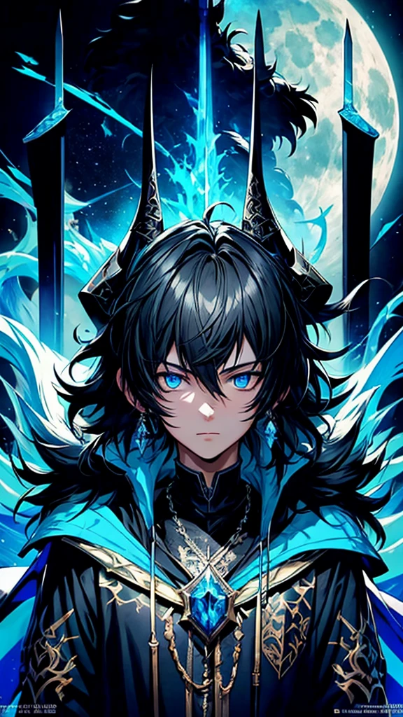 (masterpiece:1.2、highest quality), (Exquisite eyes: 1.2), (Detailed Background、Dark fantasy), (beauty detailed face), High Contrast, (Best lighting、Very delicate and beauty), ((Cinema Lighting) )), colorful, Hyper Detail, Dramatic Light, Intricate details, (1 boy, scruffy black hair, bangs, Blue eyes, moon, dark night, long earrings, black hoodie, blue demon horns, blue great sword on the back, looking at viewer, upper body), Black light swirling around the character, Depth of written boundary, black light particles, Nightcore, Spectacular anime style, zerochan art, Anime Wallpaper, Burning, High quality anime art style, Key Anime Art