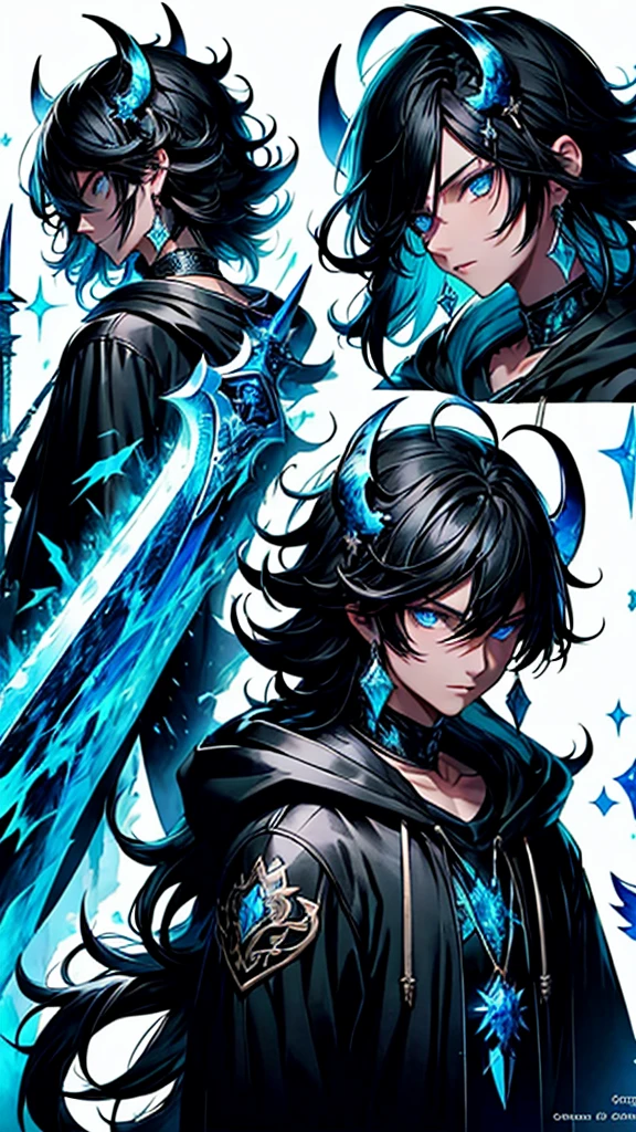 (masterpiece:1.2、highest quality), (Exquisite eyes: 1.2), (Detailed Background、Dark fantasy), (beauty detailed face), High Contrast, (Best lighting、Very delicate and beauty), ((Cinema Lighting) )), colorful, Hyper Detail, Dramatic Light, Intricate details, (1 teen boy, scruffy black hair, bangs, Blue eyes, moon, dark night, long earrings, black hoodie, blue demon horns, blue great sword on the back, looking at viewer, upper body), Black light swirling around the character, Depth of written boundary, black light particles, Nightcore, Spectacular anime style, zerochan art, Anime Wallpaper, Burning, High quality anime art style, Key Anime Art