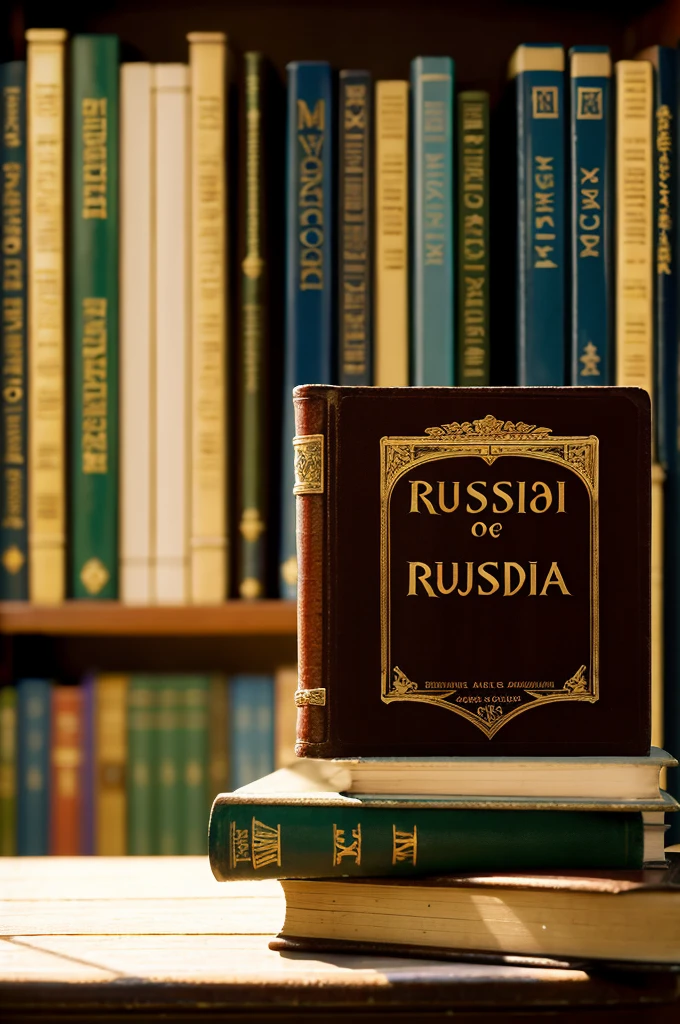 Photorealistic quality. high detail. A closed old book lies on a table in the library.. soft light. Side view. The Russian Word is written on the spine of the book.. Background - shelves with books