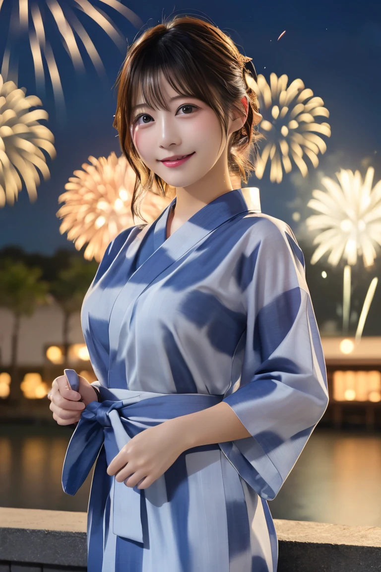 Highest quality, (beautiful)、yukata、night店、night、Fireworks、festival、Soft boobs、Big 、