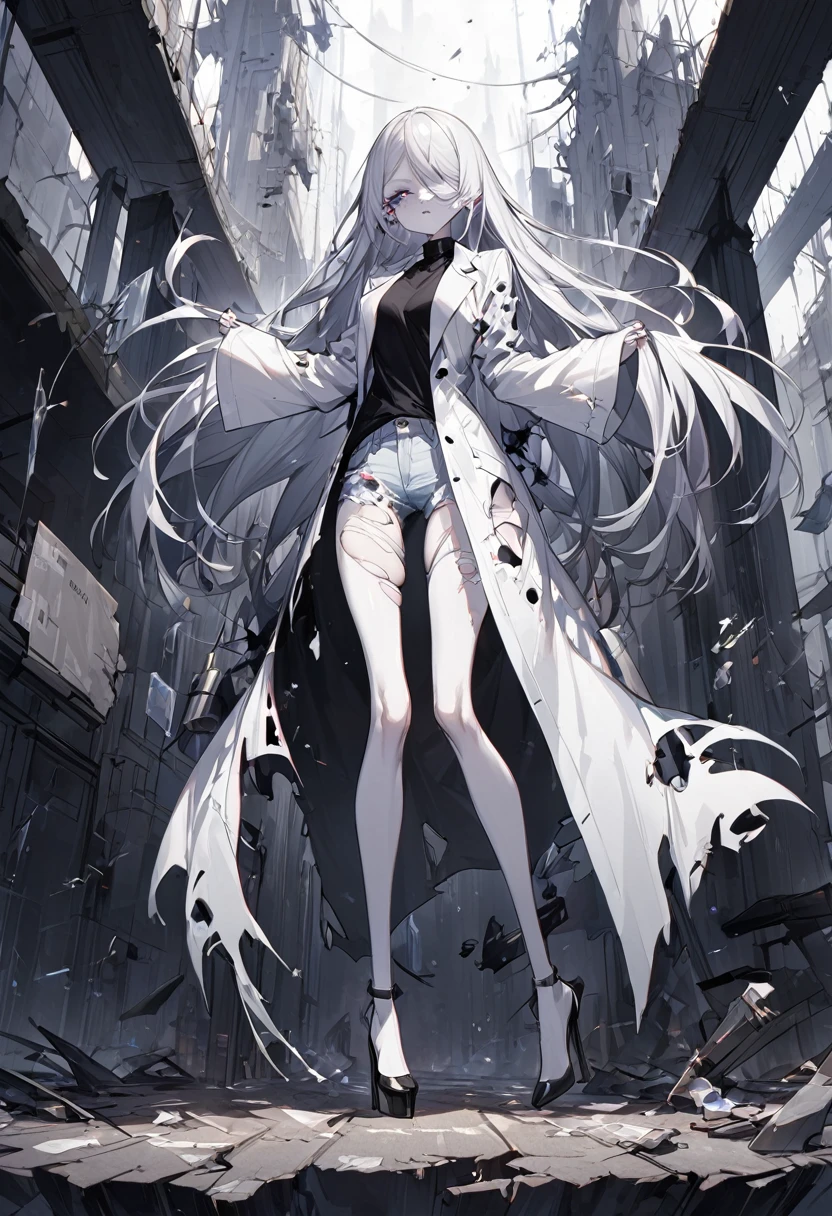 full length, Thin man, Long arms, Pale skin, Torn lab coat, expensive, Long legs, Torn trousers, Torn shoes, Close one eye