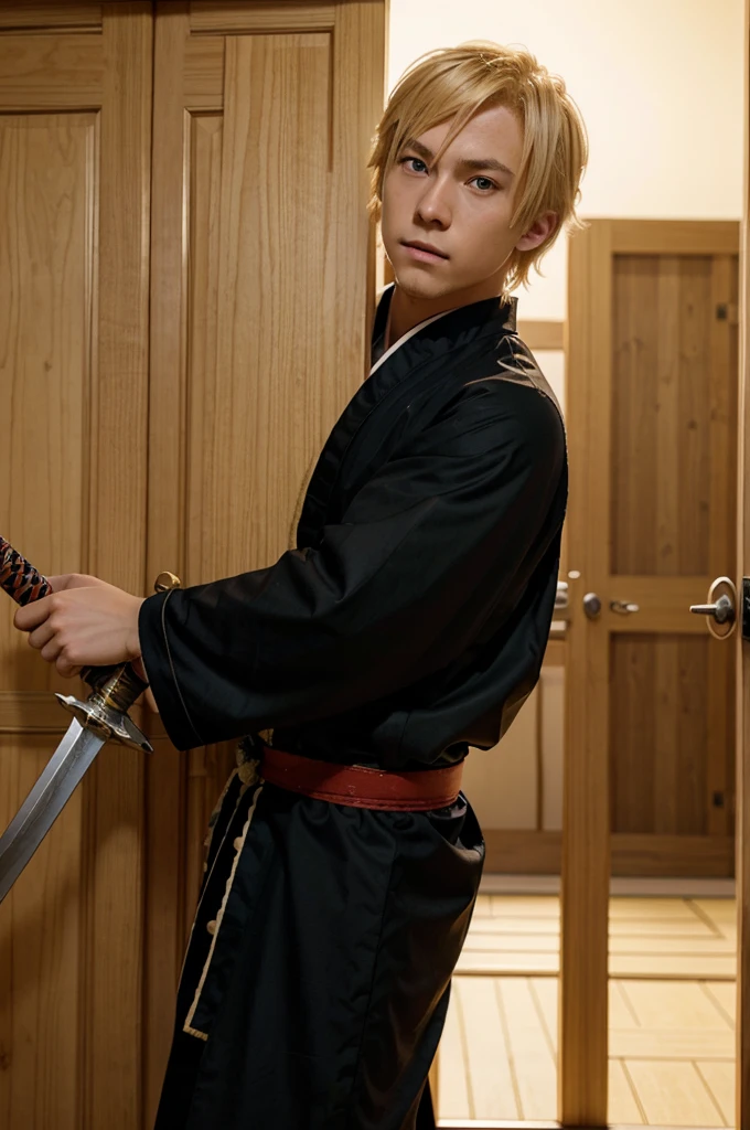 anime character holding a sword falling , blonde hair, oversize ninja costume, kimono, blonde yellow eyes falling into a void composed of shoji castle loop doors, he is very focused, demon slayer style, realistic boy, realistic sword, realistic background