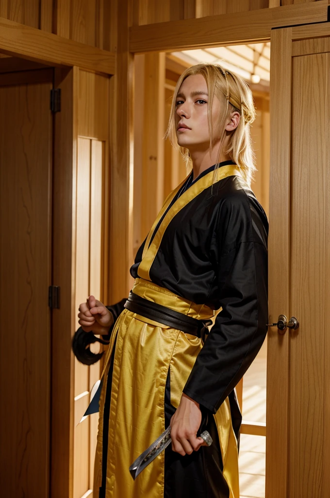 anime character holding a sword falling , blonde hair, oversize ninja costume, kimono, blonde yellow eyes falling into a void composed of shoji castle loop doors, he is very focused, demon slayer style, realistic boy, realistic sword, realistic background