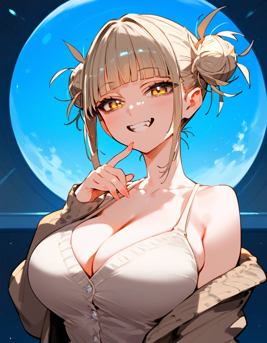 anime artwork, score_9, score_8_up, score_7_up, score_6_up, score_5_up, score_4_up, floox style //////Himiko toga, big breasts, she is 24 years old, style_3, ,,,,cardigan, grey background, straight-on, negative space