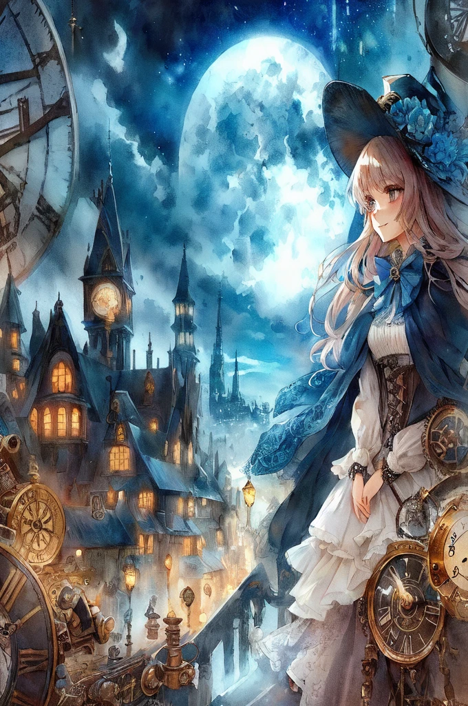 anime smiling girl in a hat and dress standing in front of a clock tower, anime fantasy artwork, anime fantasy illustration, mechanized witch girl, steampunk beautiful anime woman, detailed key anime art, beautiful fantasy anime, hd anime wallaper, dreampunk romanticism artwork, anime art wallpaper 4k, anime art wallpaper 4 k, intricate ornate anime cgi style, detailed steampunk illustration