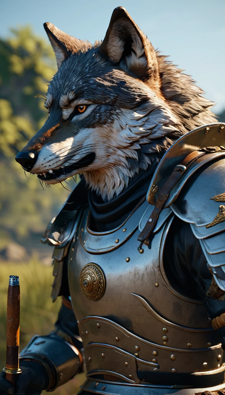 masterpiece, (Super detailed), (Animal anthropomorphism), Wolf, good looking, Japanese Armor,knife、 Dim lighting, cigarette, Shadow, Plains Battlefield, Highest quality, Single Focus, (skimming: 1.1), Muscular man, whole body, Complex (High detail: 1.1) Unreal Engine.