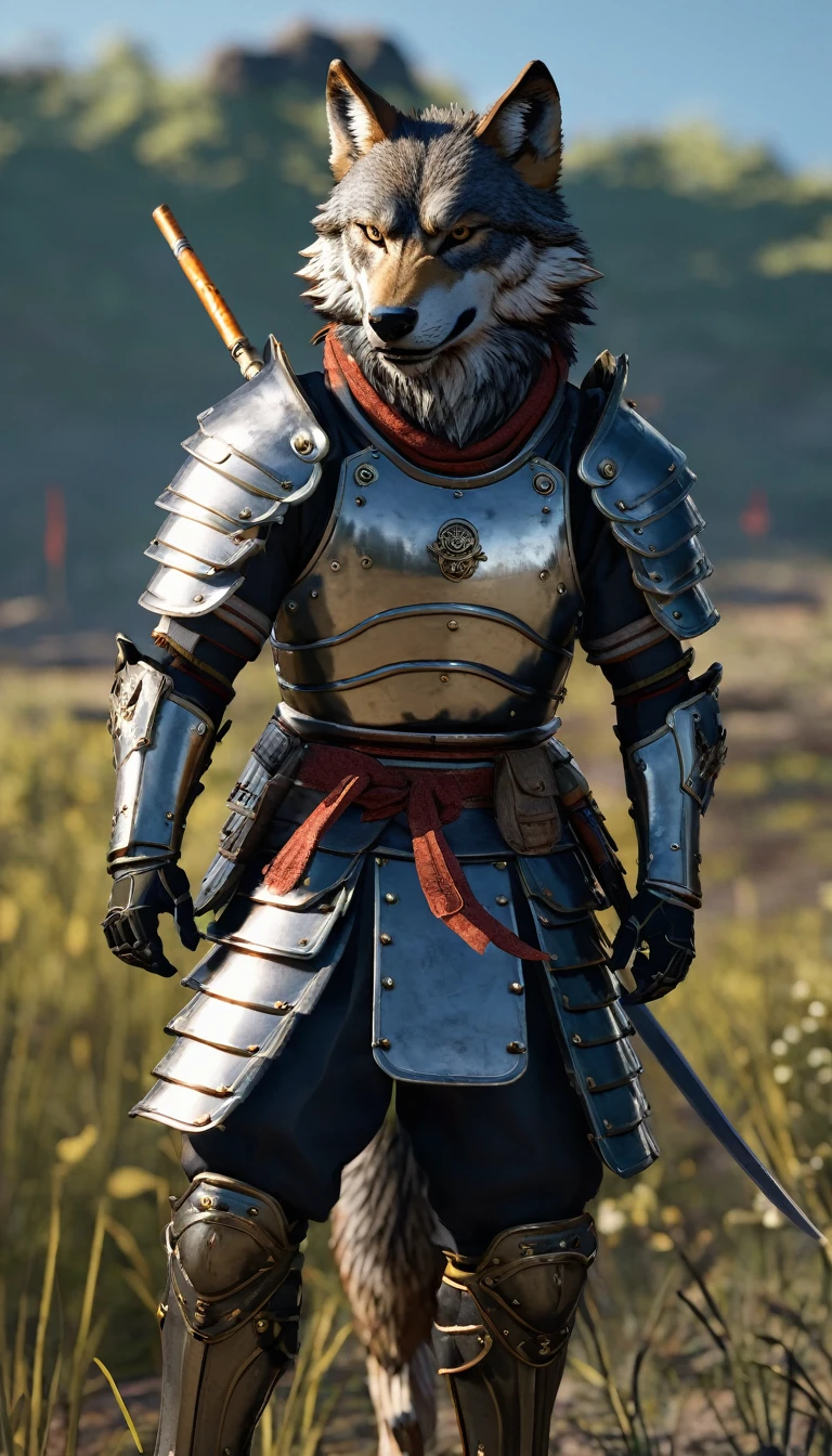 masterpiece, (Super detailed), (Animal anthropomorphism), Wolf, good looking, Japanese Armor,knife、 Dim lighting, cigarette, Shadow, Plains Battlefield, Highest quality, Single Focus, (skimming: 1.1), Muscular man, whole body, Complex (High detail: 1.1) Unreal Engine.