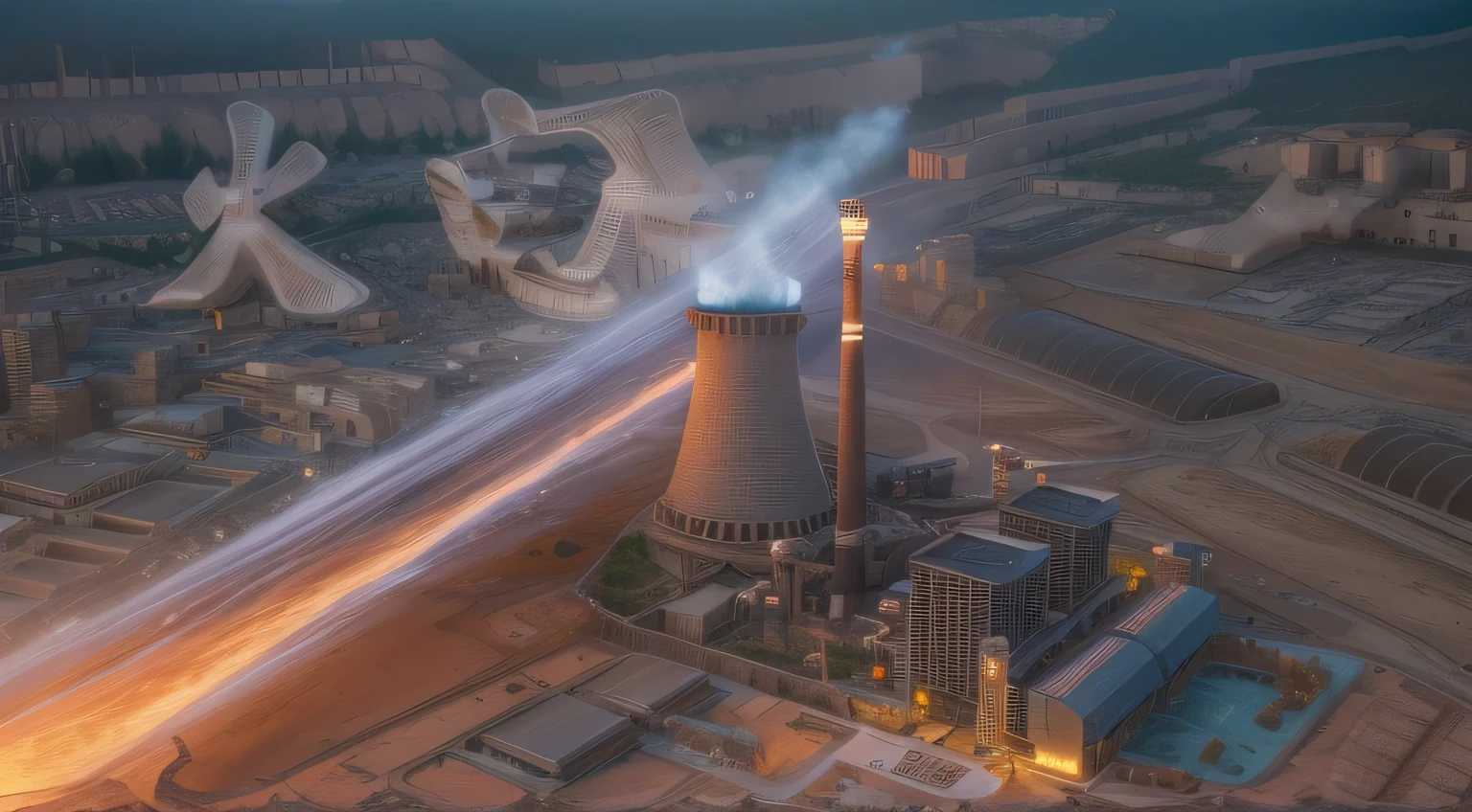 best quality, masterpiece, (((Realistic photos))), Intricate details, RAW photos, Extremely detailed, Thermal power plant in the distance,Cool water tower,Bird's eye view,(sunny,Sunlight,White Cloud:1.5),The lens is from top to bottom,field,grassland,Telephoto lens,Ultra-long-distance thermal power plants