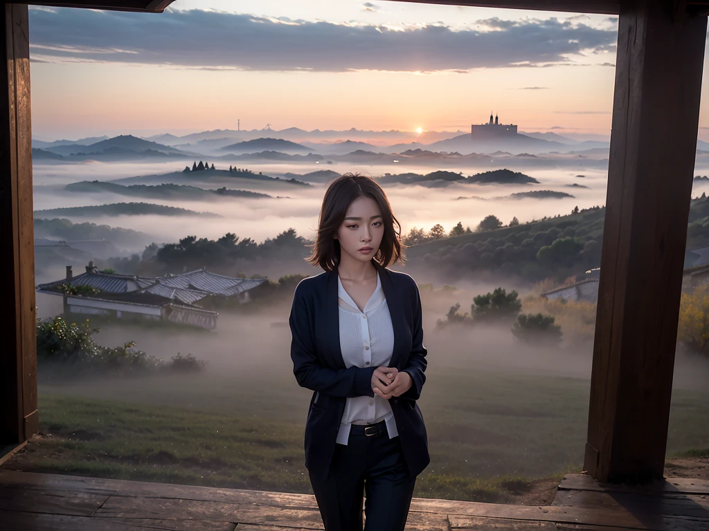 8k best picture quality, Beautiful 36-year-old Korean woman, short and nice weather. Chest size 34 inches, Dense fog at dawn in the Italian countryside, past the vineyard, The cathedral is visible in the fog in the distance., The back background is realistic and vivid image quality, Short and medium hair blowing in the wind, Wearing high-end luxury brand travel clothes, pants and cardigan., a faint smile. the background is clear, Short and slim Korean woman, stand far away, Photo taken with a wide-angle lens, thick fog at dawn