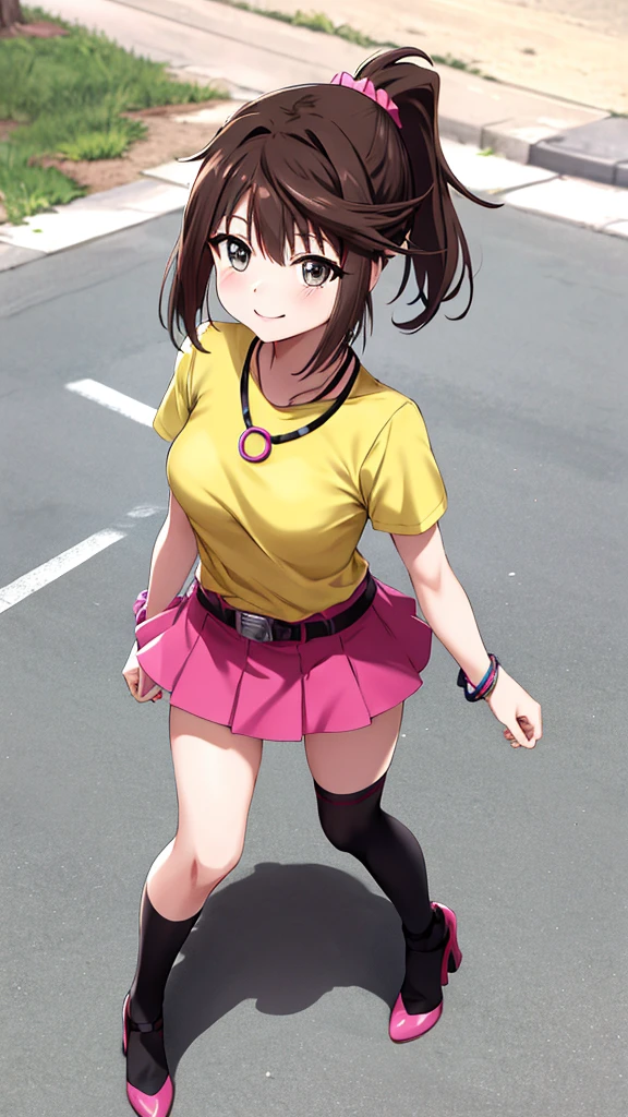 Tabletop, Highest quality, High resolution, Mamasaki, ponytail, Hair Scrunchie, necklace, Yellow Shirt, No sleeve, bracelet, Belt Bag, mini skirt, Pink Skirt, Black knee socks, Outdoor, Cowboy Shot, ((Backward view)),(Composition looking up from the ground) , smile, Leaning forward,Black panties、Pink High Heels、
