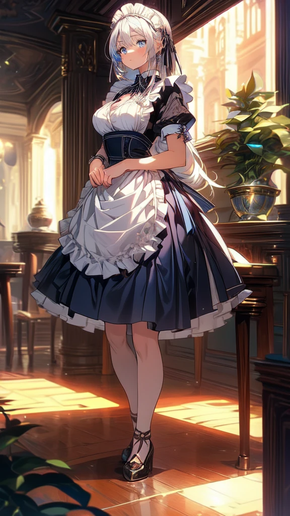 a beautiful girl with long white hair, piercing blue eyes, detailed face, detailed eyes, maid outfit, maid dress, maid stockings, mansion in background, full body view, front view of standing still, extremely detailed,8k,highly detailed,masterpiece,