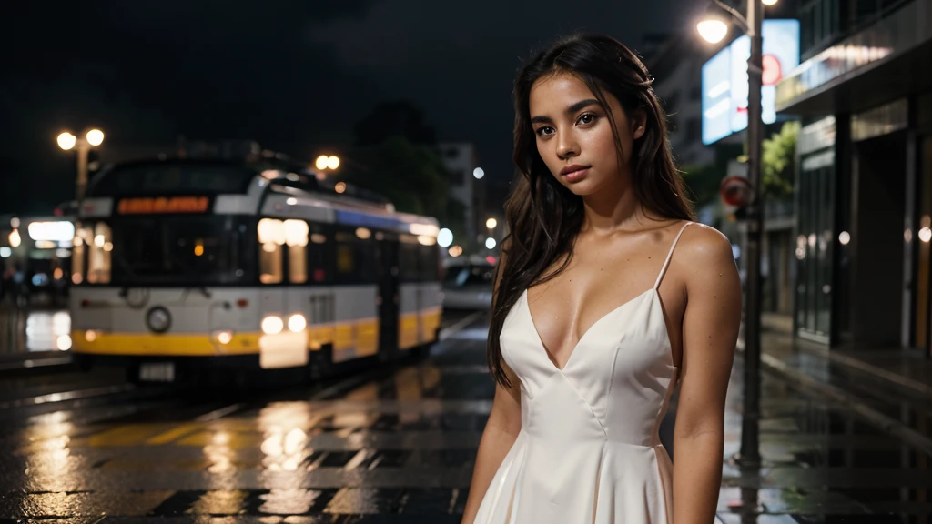 A natural shot of a young Colombian girl with bright, deep eyes and a sophisticated face, in a stylish evening dress, standing against a backdrop of blurred light lines and passers-by on a rainy evening, conveying her natural beauty and grace.
