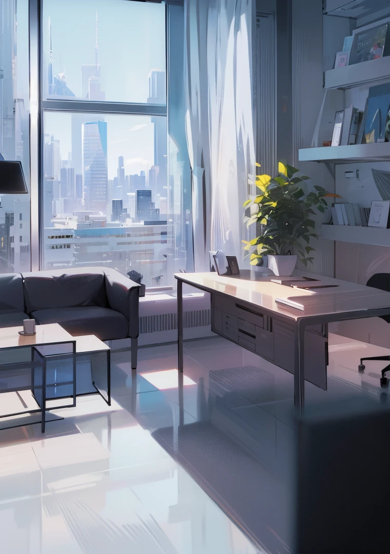 office, The office of the future, futuristic design, large desk, wall with paintings and diplomas, Glossy floor, hlLarge spacious windows, outside the window you can see a futuristic city with multi-story office buildings, starships fly, 16 thousand. ue5. Ultra slim, 8 k, HDR, product photography, depth of field, Nikon D850, Ultra realistic, no contrast, pure sharp focus, professional, There is no blur, Bright office, Light shades, view from the floor, even more modern, office from the future, luxurious executive office