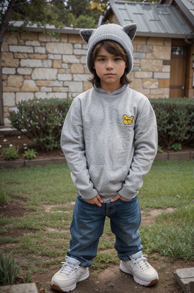 Boy, brown hair, gray eyes, wearing a gray sweater and pikachu hat, wearing blue jeans, wearing white shoes, view of the Tundra biome in minecraft, 
