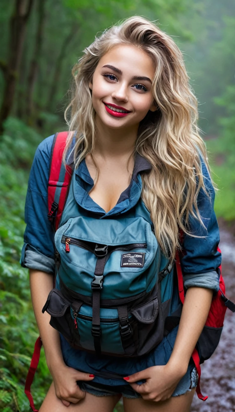 ultrarealistic high quality fullbody photo of a beautiful busty slim european 19-year-old mwoman with cute hyperdetailed shy face and dyed platin blonde long messy hair and happy face, realistic round hazel eyes, red lips, dark eye makeup with eyeliner, wearing soaking wet outdoor hiking outfit with backpack, hourglass body, outdoor shooting on a lost place with heavy rain