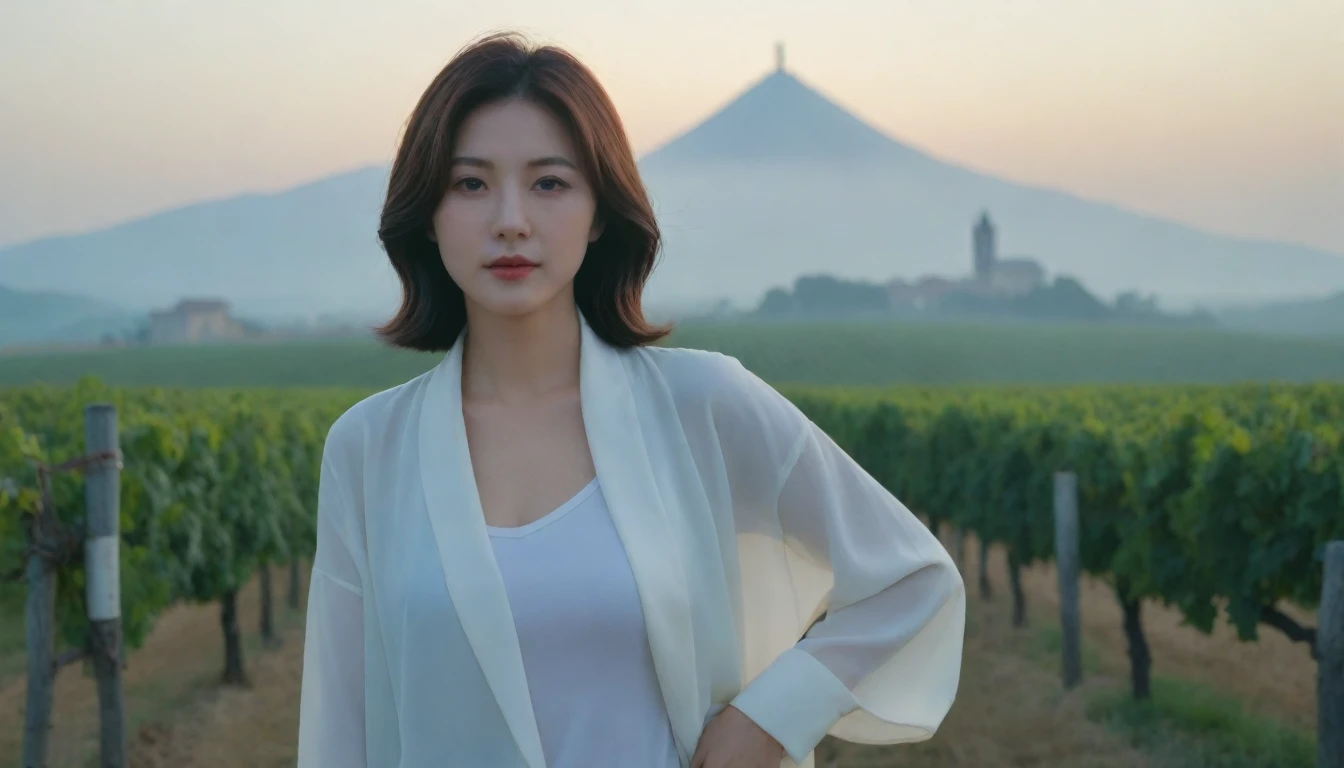 8k best picture quality, Beautiful 36-year-old Korean woman, short and nice weather. Chest size 34 inches, Dense fog at dawn in the Italian countryside, past the vineyard, The cathedral can be seen in the fog on a hill in the distance.., The back background is realistic and vivid quality., Short and medium hair blowing in the wind, Wear comfortable travel clothes, Casual pants and cardigans., a faint smile. the background is clear, Short and slim Korean woman, stand far away, Photo taken with a wide-angle lens
