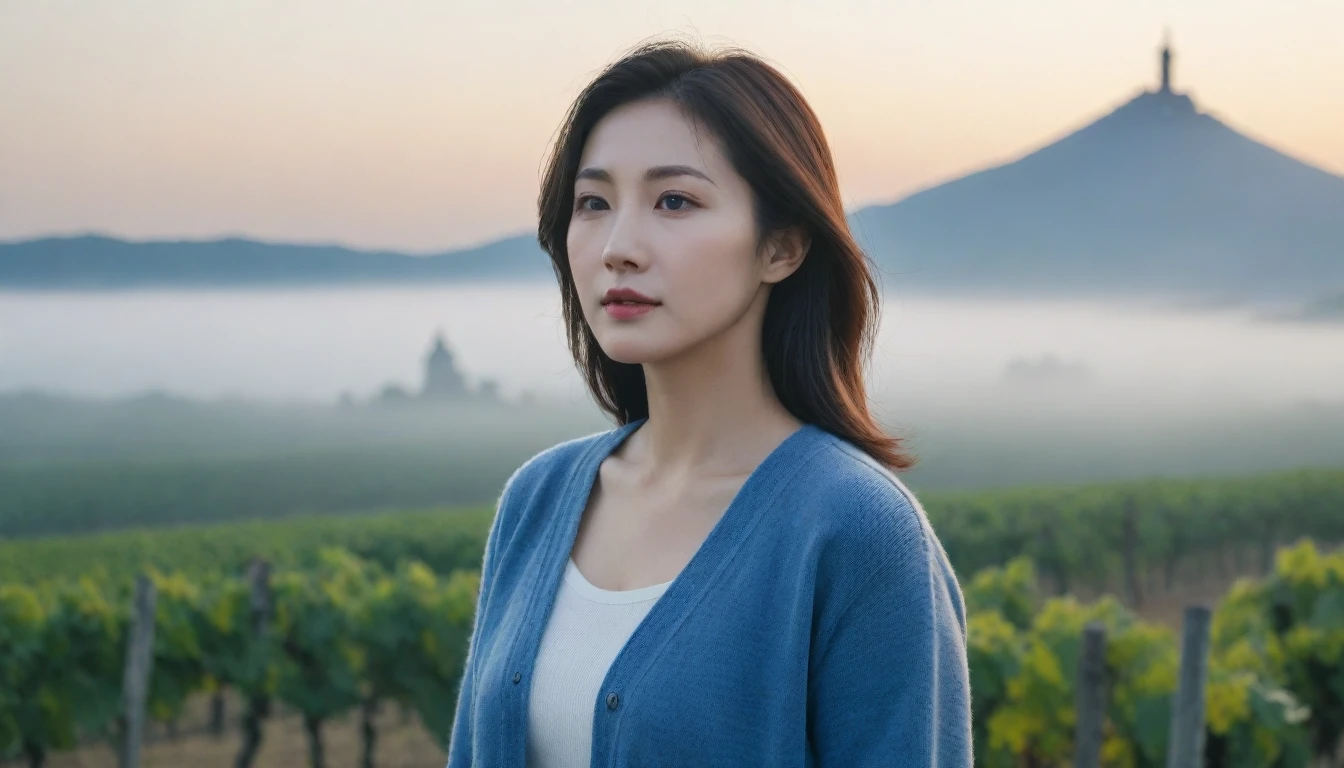 8k best picture quality, Beautiful 36-year-old Korean woman, short and nice weather. Chest size 34 inches, Dense fog at dawn in the Italian countryside, past the vineyard, The cathedral can be seen in the fog on a hill in the distance.., The back background is realistic and vivid quality., Short and medium hair blowing in the wind, Wear comfortable travel clothes, Casual pants and cardigans., a faint smile. the background is clear, Short and slim Korean woman, stand far away, Photo taken with a wide-angle lens