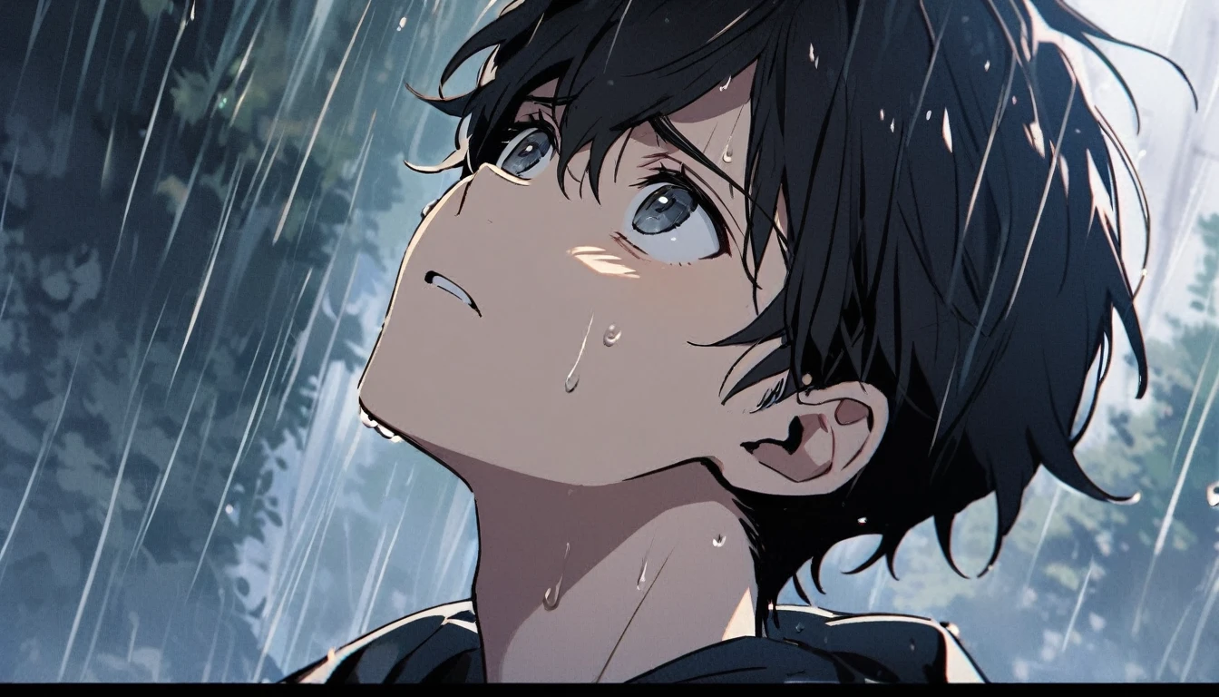 A young man looking up at the sky in the rain, black hair, sad face
