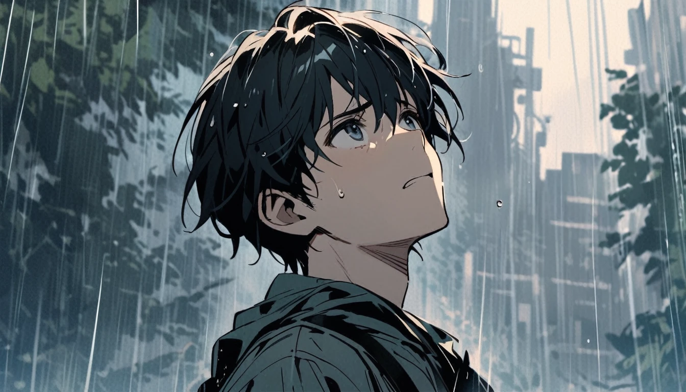 A young man looking up at the sky in the rain, black hair, sad face