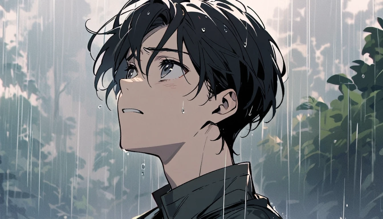 A young man looking up at the sky in the rain, black hair, sad face