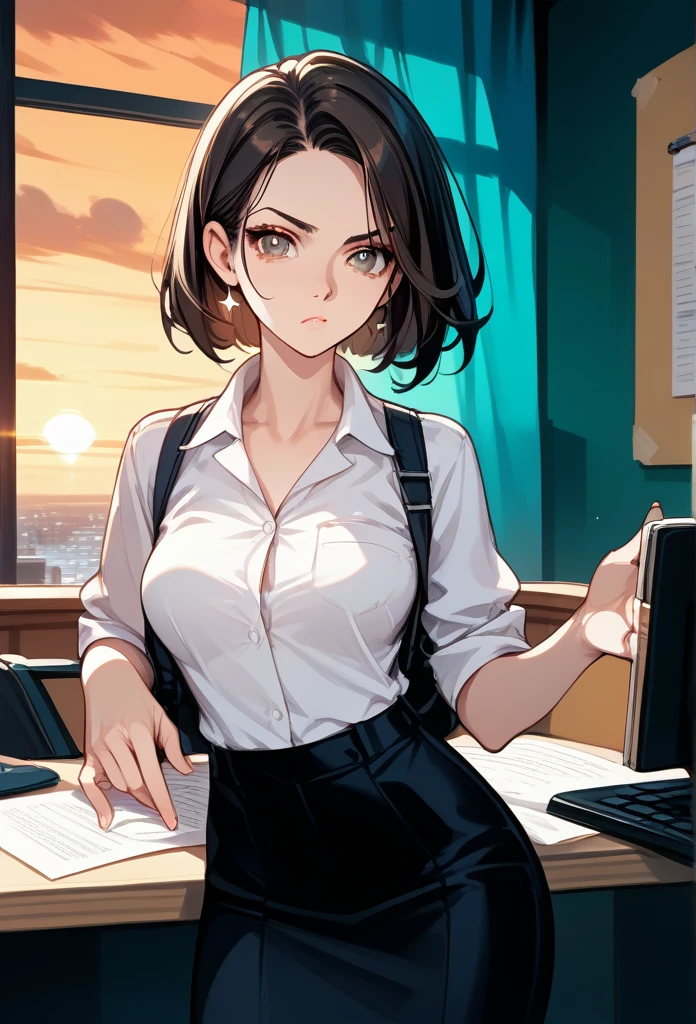 masterpiece, best quality, sunset, cowboy shot, mature woman, bob hairstyle, black hair, mature face, hot face, sharp eyes, medium breasts, curvy body, hazel eyes, business clothes, looking at viewer, very close to viewer, face to face, tough appearance, in the office
((looking serious),