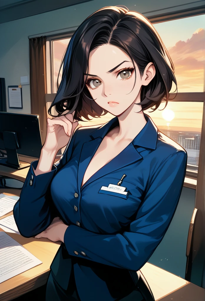 masterpiece, best quality, sunset, cowboy shot, mature woman, bob hairstyle, black hair, mature face, hot face, sharp eyes, medium breasts, curvy body, hazel eyes, business clothes, looking at viewer, very close to viewer, face to face, tough appearance, in the office
 ((looking serious), 