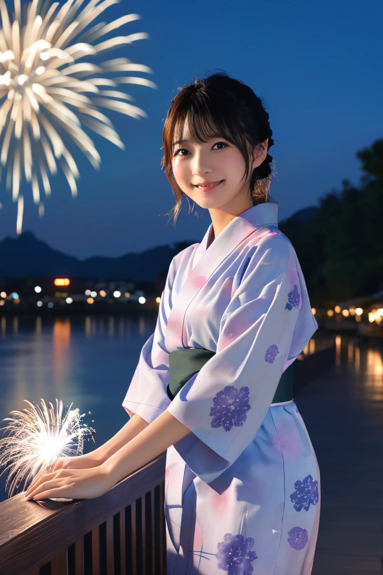 Highest quality, (beautiful)、yukata、night店、night、Fireworks、festival