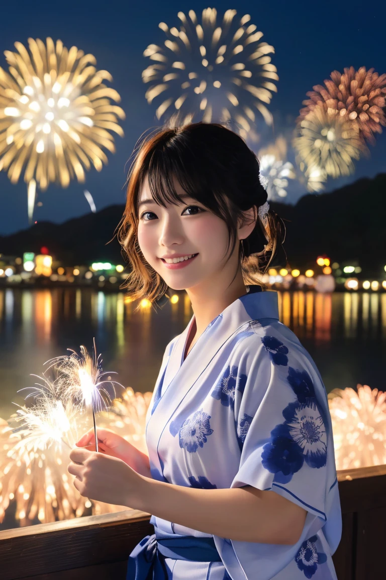Highest quality, (beautiful)、yukata、night店、night、Fireworks、festival