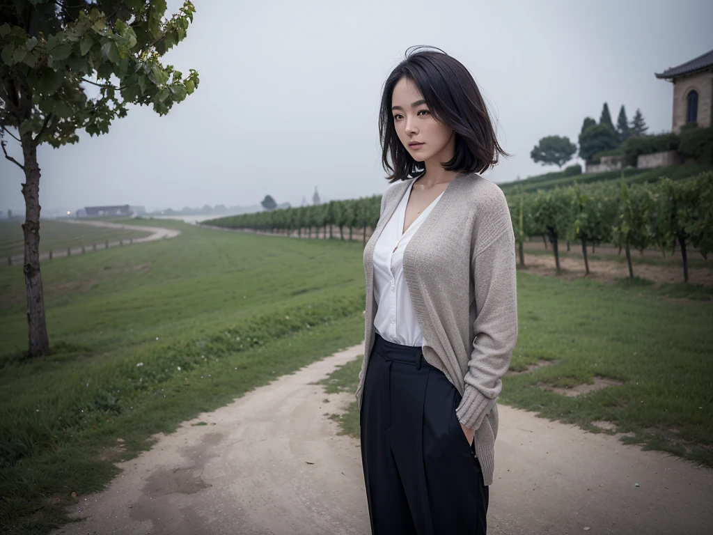 8k best picture quality, Beautiful 36-year-old Korean woman, short and nice weather. Chest size 34 inches, Dense fog at dawn in the Italian countryside, past the vineyard, The cathedral is visible in the fog in the distance., The back background is realistic and vivid image quality, Short and medium hair blowing in the wind, Wearing high-end luxury brand travel clothes, pants and cardigan., a faint smile. the background is clear, Short and slim Korean woman, stand far away, Photo taken with a wide-angle lens, thick fog at dawn
