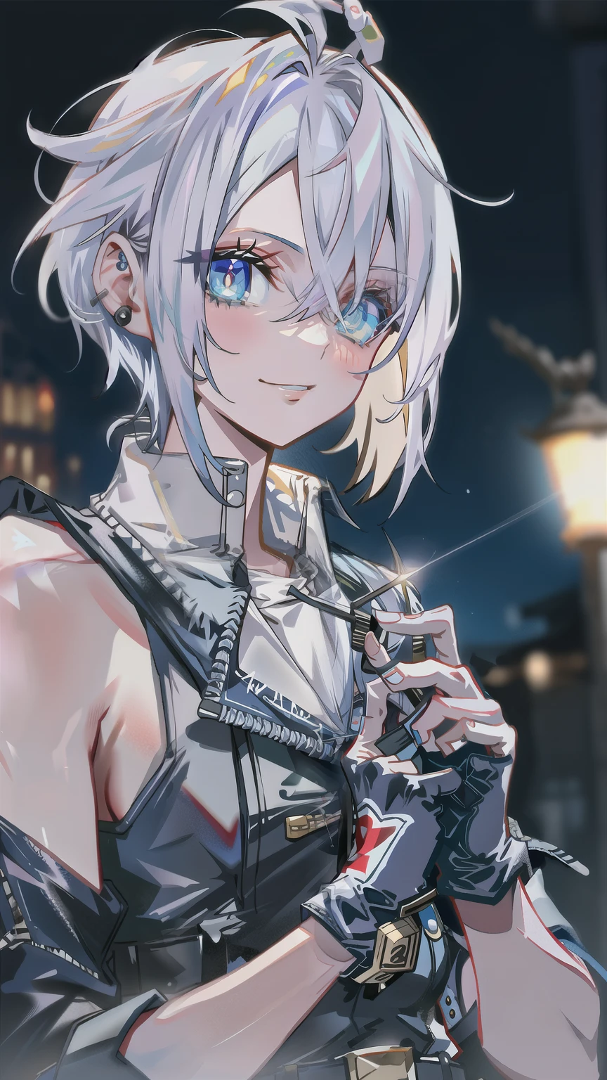 A beautiful white-haired woman, with messy and spiked hair, extremely detailed portrait, delicate facial features, piercing eyes, full lips, long eyelashes, porcelain skin, serene expression, fingerless white gloves,flowing white hair, detailed clothing, intricate textile patterns, fantasy style, cinematic lighting, vibrant colors, 8k, best quality, masterpiece, standing, cute, holding chains whip