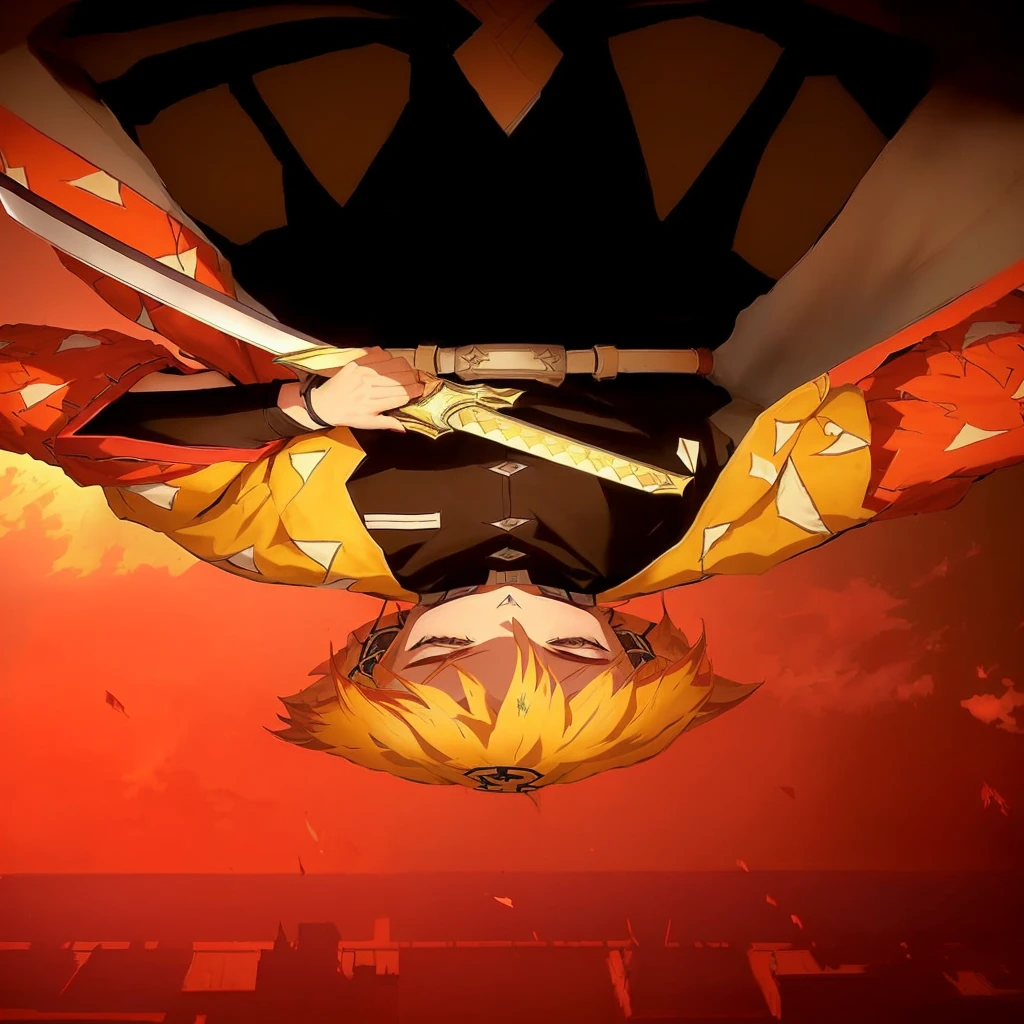 anime character holding a sword, demon slayer realistic character, anime character holding a sword falling , falling into a void composed of shoji castle loop doors, he is very focused, with half-closed eyes, devoid of emotions, wearing a yellow cloak with small white triangular parts. demon slayer artstyle, key anime art, handsome guy in demon slayer art, demon slayer  kimetsu no yaiba, 