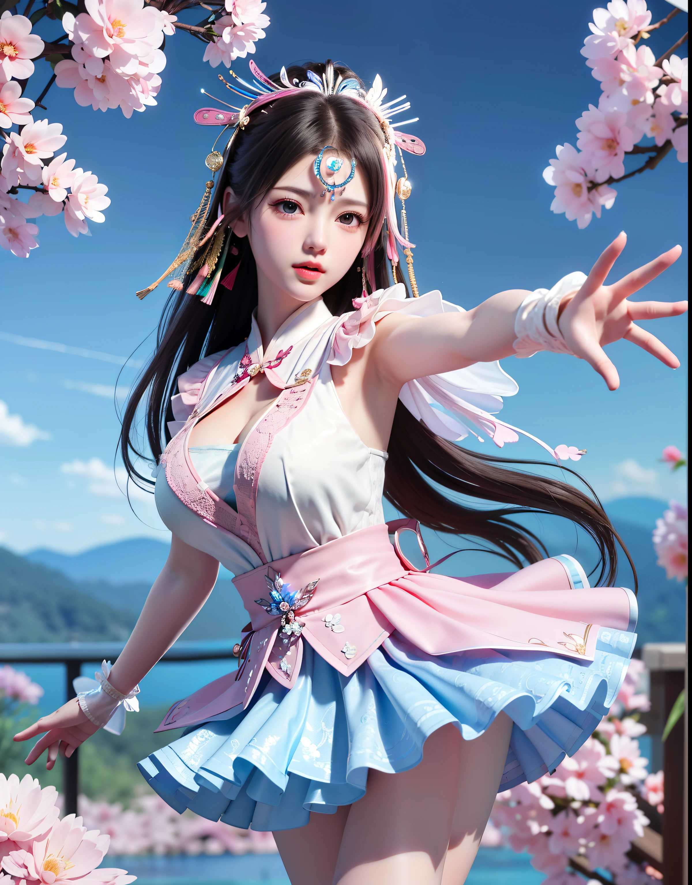 (8k, RAW photo:1.2), best quality, ultra high res,dramatic angle,(fluttered detailed color splashs), (illustration),(((1 girl))),(long hair),(rain:0.9), (Headdress:1.4),There is an ancient palace beside the girl,Hanfu,(Key Points),Color ink painting,(Splash of Color),Splash of Color,(((colorful))),(sketch:0.8) , Masterpiece, best quality, beautiful painted, highly detailed,(denoising:0.6),[splash ink],((ink refraction)), (beautiful detailed sky),moon,highly,detaild,(masterpiece, best quality, extremely detailed） CG Unity 8k Wallpaper，masterpiece，best quality，Ultra Detailed），（Lycoris）.shoulder ballet dress open V-chested clothes Thin silk lace dress short skirt , (huge ，cleavage),, white pink, blue ，best qualtiy，tmasterpiece，Ultra-high resolution，（Reality：1.4），RAW photogr，（True skin texture：1.3），（filmgrain：1.3），（Selfie angle），1个Giant Breast Girl，Beautiful eye and face details，tmasterpiece，Best quality at best，，The chest more exposed， detailed hair, bra pink , detail 8k, full body, lace petticoat, fan handle