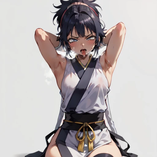 1girl, (ahegao), (masterpiece:1.3), (high resolution), (8K), (extremely detailed), (4k), (pixiv), perfect face, nice eyes and face, (best quality), (super detailed), detailed face and eyes, (solo), textured skin, absurdres, highres, wzkomachine, white eyes, Small breasts, sash, bike shorts, short sleeves, bangs, black gloves, fingerless gloves, long hair, black hair,ponytail, japanese clothes, kimono, sitting on floor, looking at viewer,Nipple exposure,Sexy, flirtatious, Solitary, eternity, - Hip vents, No underwear,No eyeballs, Also available in black, low twin braids,Facing the audience, looking at the audience, tired, from below, (Exposed armpit:1.1), ((armpit:1.2)), sexy, Sweating, More and more sweat,(ahegao), (Roll your eyes), Naughty face, blush, open mouth, Sticking out tongue, saliva, Slobber,Skinny, raise arms, (arms above head:1.5)