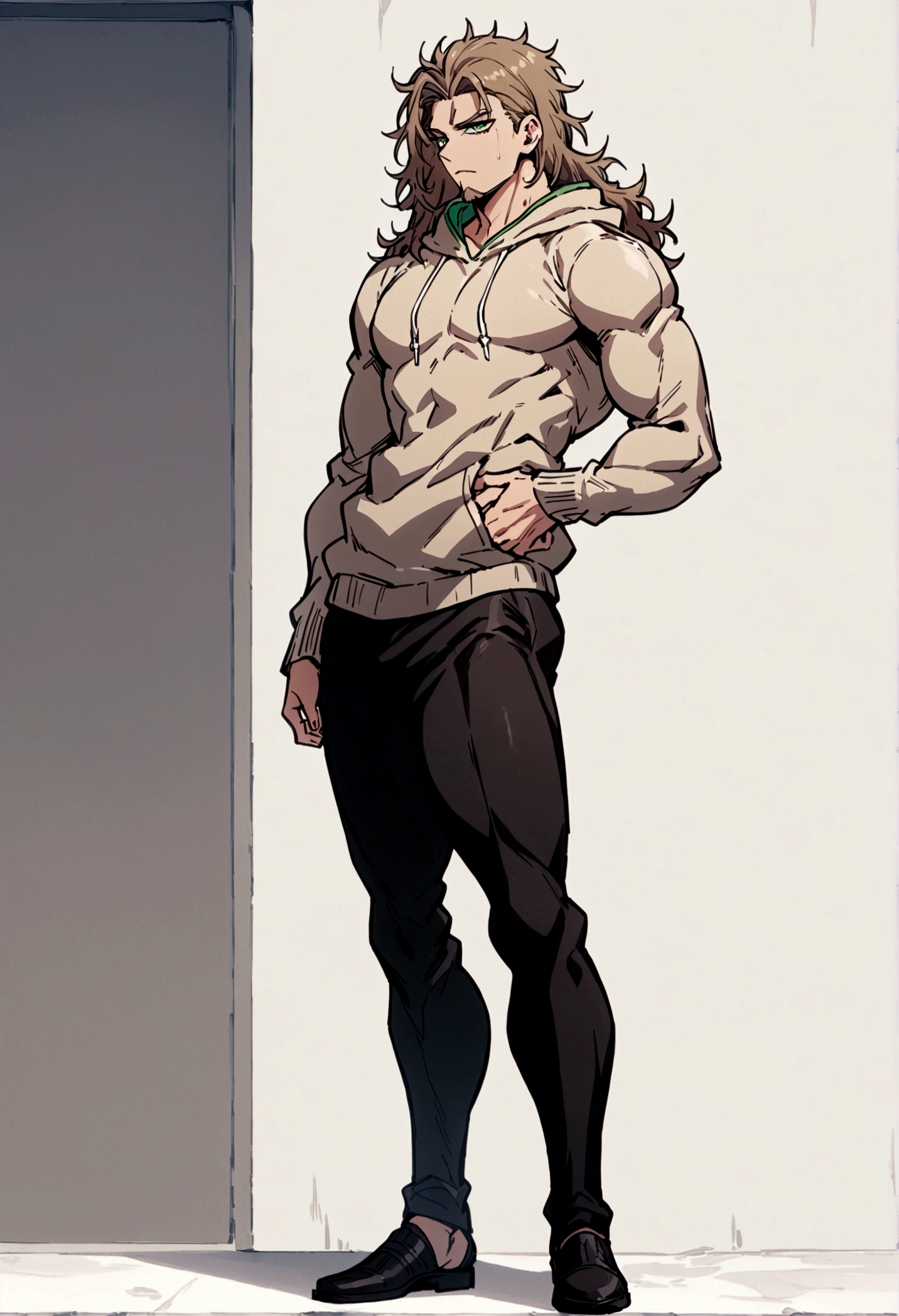 fullbody,masterpiece,standing,light brown hoodie,dark brown middle length unruly hair,green eyes,(bangs),adult,1boy,solo,light stuble,slight beard,slim,muscular