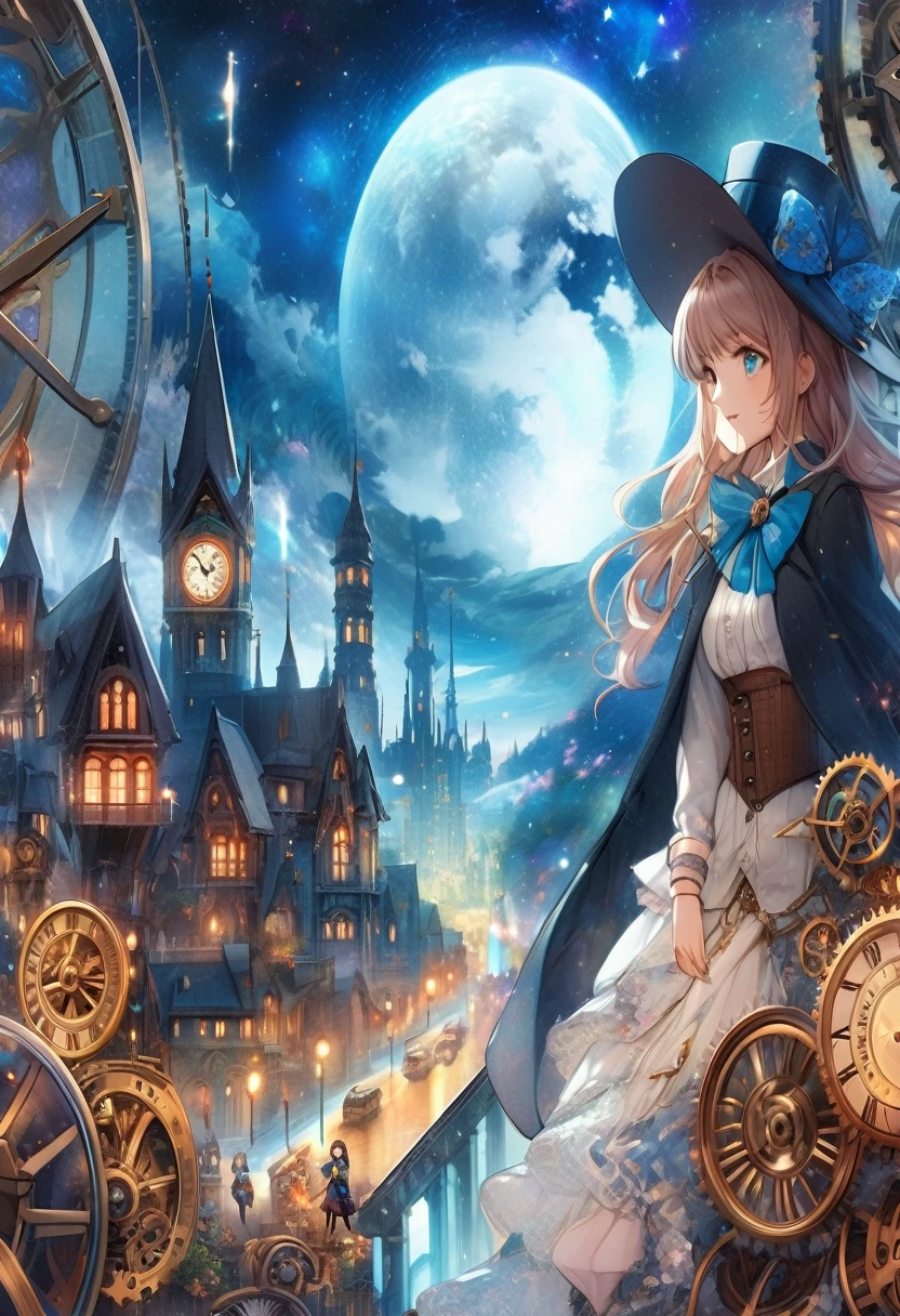 anime smiling girl in a hat and dress standing in front of a clock tower, anime fantasy artwork, anime fantasy illustration, mechanized witch girl, steampunk beautiful anime woman, detailed key anime art, beautiful fantasy anime, hd anime wallaper, dreampunk romanticism artwork, anime art wallpaper 4k, anime art wallpaper 4 k, intricate ornate anime cgi style, detailed steampunk illustration